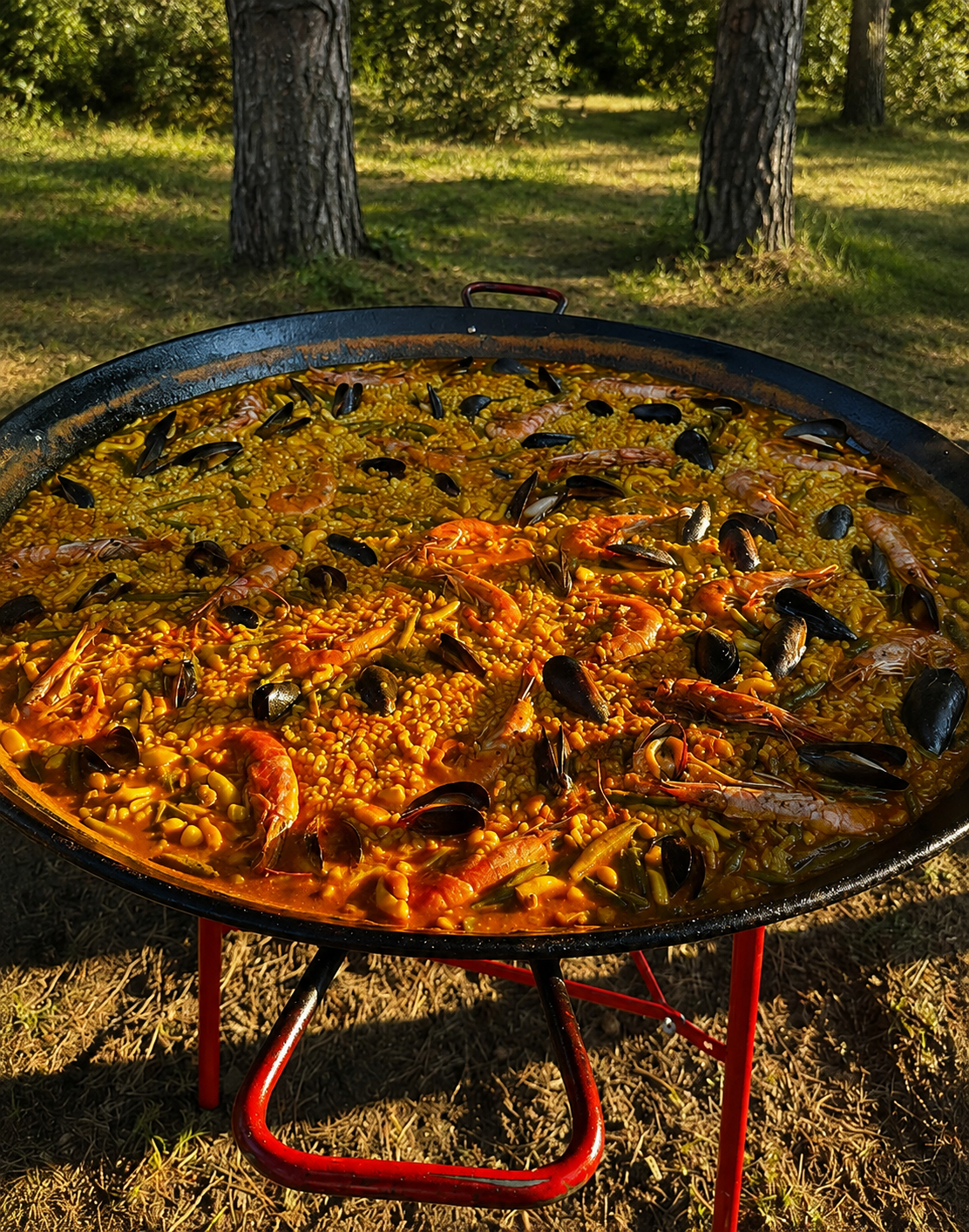 Большая паэлья с морепродуктами на природе
